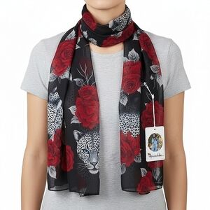 Anuschka Oblong Floral Leopard Print Scarf Red Rose & Black Elegant Accessory